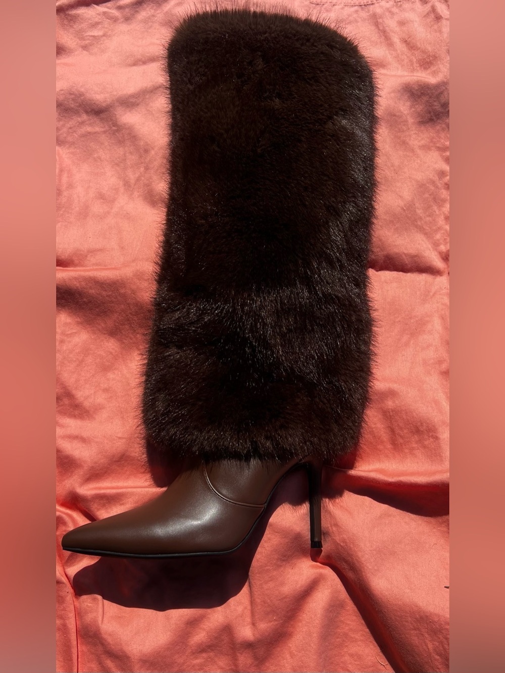 Women's Brown Fur Knee-High Stiletto Boot - Picture 4 of 8